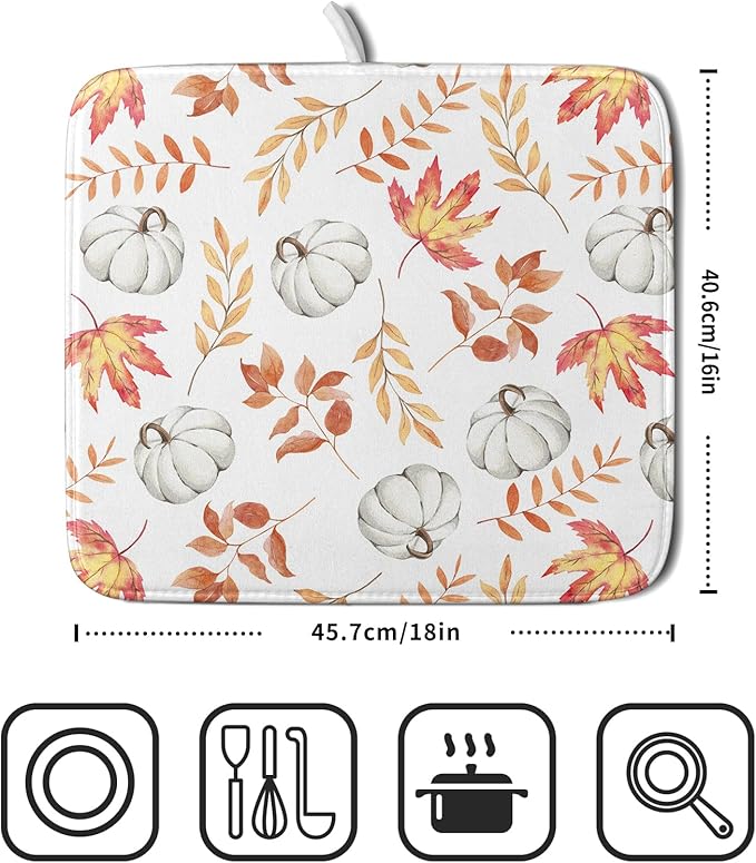 Fall Dish Drying Mat for Kitchen Counter Autumn White Pumpkins Maple Leaves - Image 2