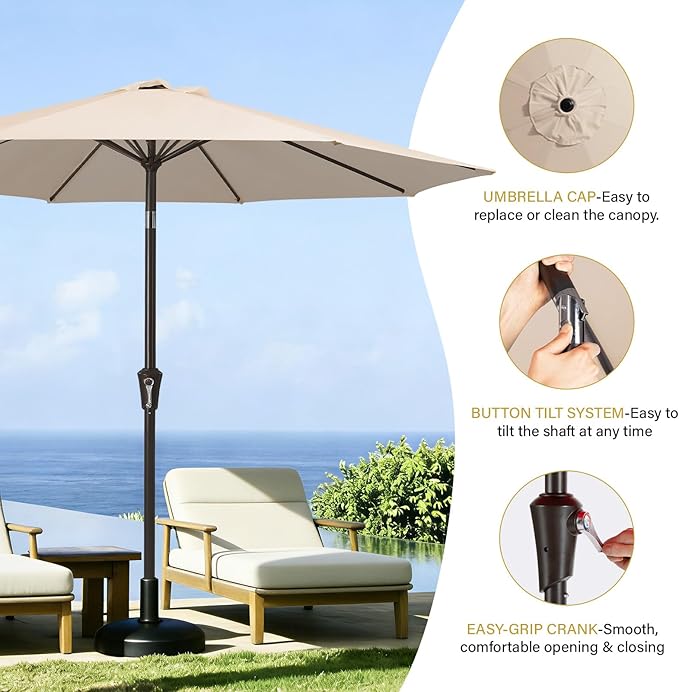 MEWAY 9ft Patio Umbrella Outdoor Table Umbrellas with Push Button Tilt and Crank, Market Umbrella 8 Sturdy Ribs for Deck, Garden, Pool and Backyard, Beige - Image 6