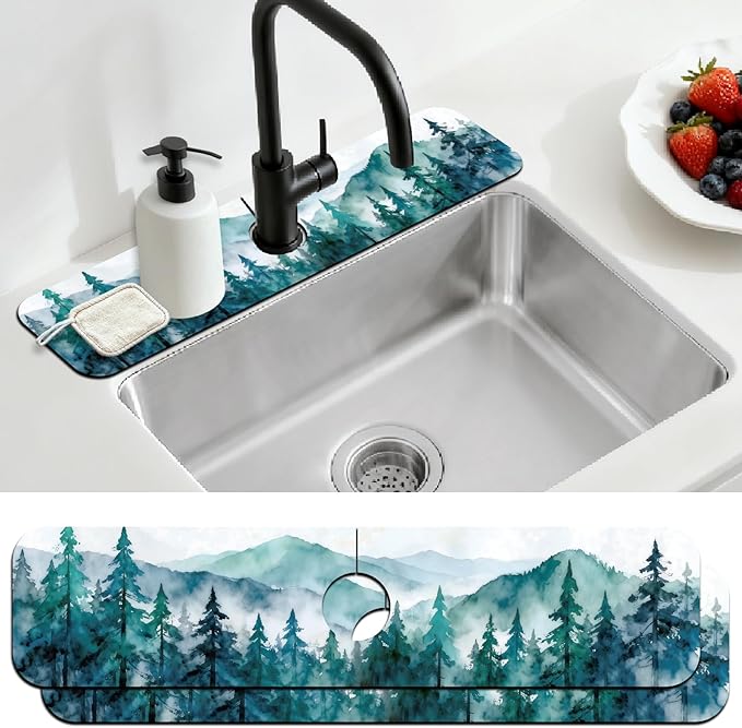 2 Pcs Kitchen Sink Splash Guard Faucet Mats Watercolor Forest Pattern Faucet Mat by CONCHLERY%E6%97%97%E8%88%B0%E5%BA%97