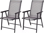 Giantex Set of 2 Patio Folding Chairs, Outdoor Chairs with Armrest, Portable Dining Chairs for Porch Camping Pool Beach Deck Lawn Garden, 2-Pack Patio Sling Chairs, Metal Frame, Grey by Giantex