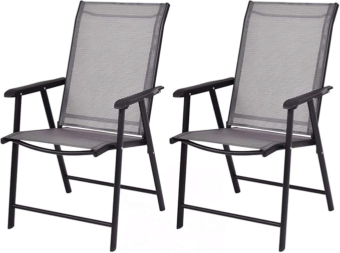 Giantex Set of 2 Patio Folding Chairs, Outdoor Chairs with Armrest, Portable Dining Chairs for Porch Camping Pool Beach Deck Lawn Garden, 2-Pack Patio Sling Chairs, Metal Frame, Grey by Giantex
