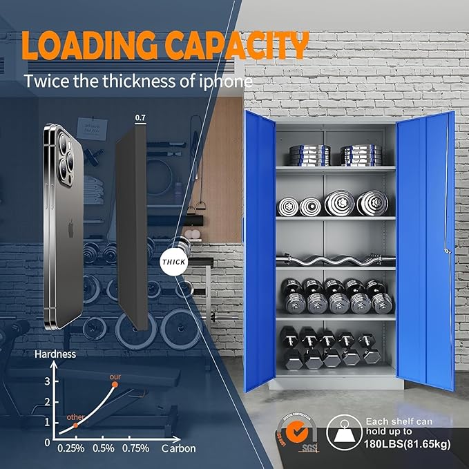 Yizosh Metal Garage Storage Cabinet with 2 Doors and 5 Adjustable Shelves - 71" Steel Lockable File Cabinet,Locking Tool Cabinets for Office,Home,Garage,Gym,School (Gray Blue) - Image 5