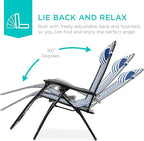Best Choice Products Set of 2 Adjustable Steel Mesh Zero Gravity Lounge Chair Recliners w/Pillows and Cup Holder Trays - Mediterranean Blue Striped - Image 3