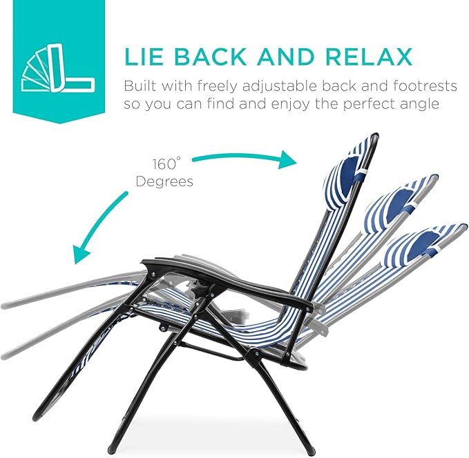 Best Choice Products Set of 2 Adjustable Steel Mesh Zero Gravity Lounge Chair Recliners w/Pillows and Cup Holder Trays - Mediterranean Blue Striped - Image 3