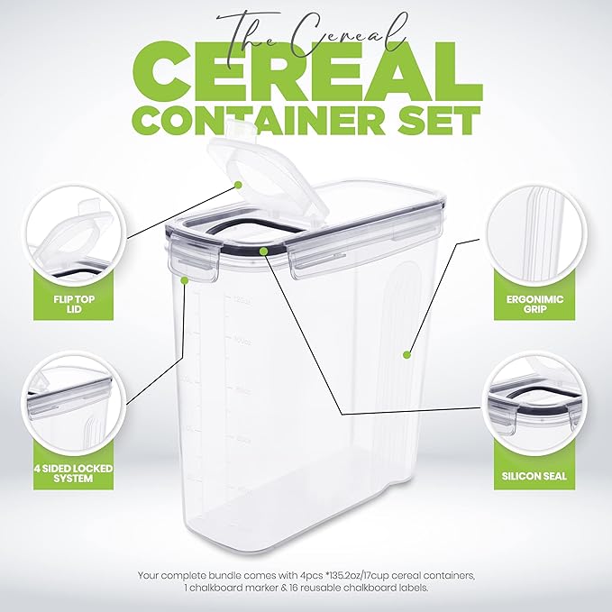 Utopia Kitchen Cereal Containers Storage Set – 4 Pack 4L Airtight Food Storage - Image 4