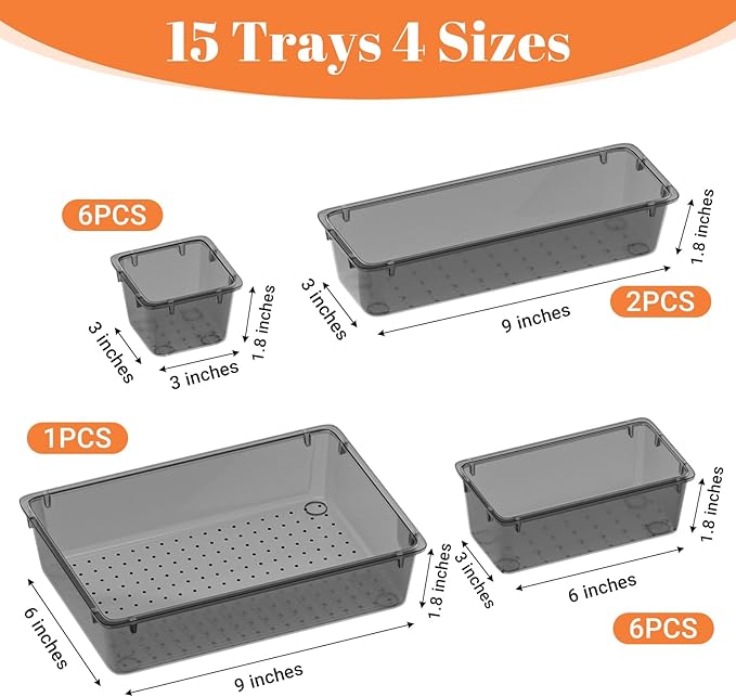 15 PCS Clear Plastic Drawer Organizer Set, 4-Size Acrylic Drawer Storage Trays - Image 3