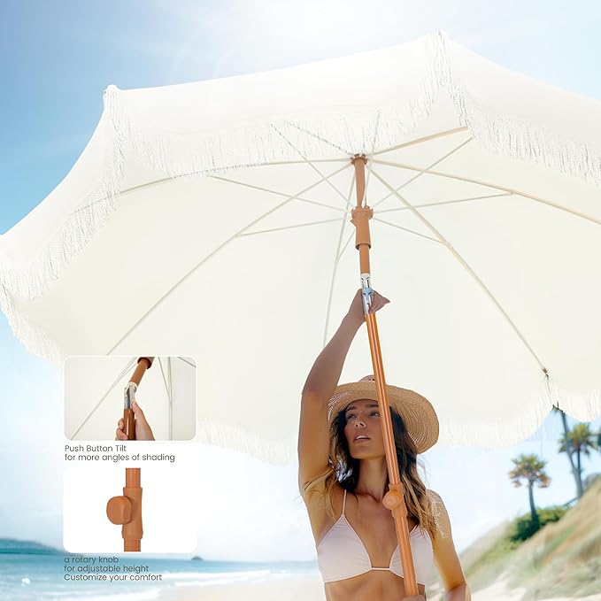 PHI VILLA 7ft Beach Umbrella with Fringe & Sand Anchor, Outdoor Patio Heavy Duty Windproof Portable Tassel Umbrellas for Sand with Push Button Tilt & Carrying Bag, UPF 50+, White(No Base) - Image 2