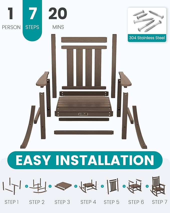 SERWALL Oversized Outdoor Rocking Chair Set of 4, HDPE Rocker for Adults, Patio Rocking Chairs for Porch, Coffee - Image 7