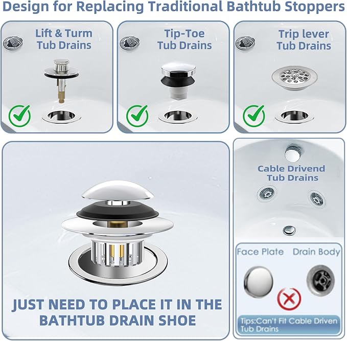 Universal 3 in 1 Bathtub Drain Stopper Bathtub Drain Hair Catcher, Pop-up Tub - Image 6