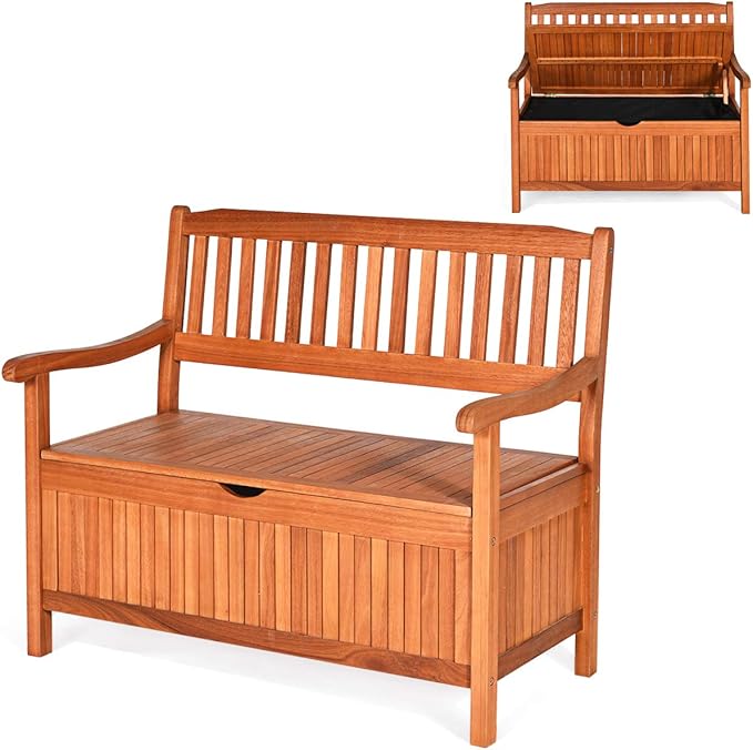 Tangkula Outdoor Wood Storage Bench Deck Box, Entryway Porch Storage Bench with Inner Removable Dust-Proof Lining & Portable Handles, Eucalyptus Wood Loveseat for Garden, Lawn, Balcony & Yard - Image 9