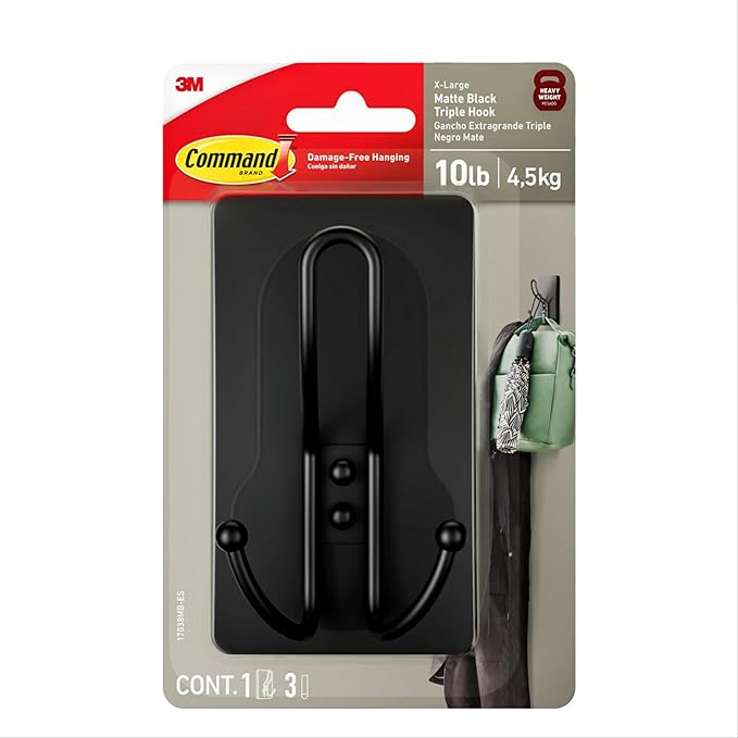 Command X-Large Matte Black Triple Hook, 1 Hook, 3 Strips, Damage-Free Hanging by Command