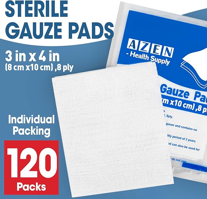 AZEN 120 Pack Sterile Gauze Pads, 8-Ply Cotton Gauze Sponges - Image 2
