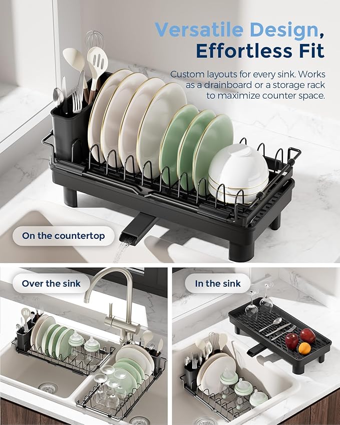 Nacial 2-in-1 Small Dish Drying Rack Fits 14''–21.8'' Sink, Dish Drainers - Image 4