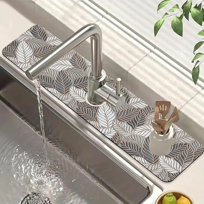 Embossed Leaf Texture Sink Faucet Absorbing Mat Grey Leaf Super Absorbent Fast by Unknown