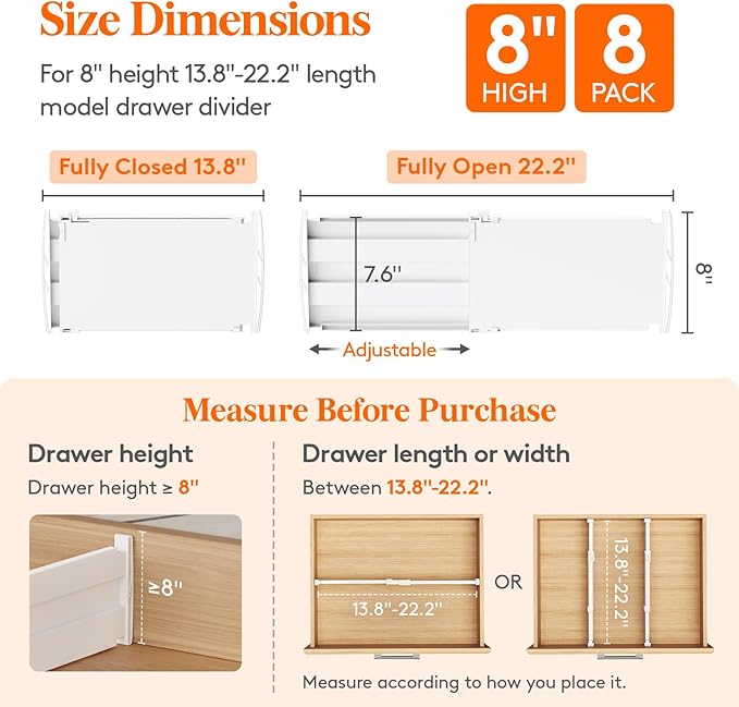 Lifewit 8" Tall 8 Pack Drawer Dividers, 35-56.5cm/13.8-22.2" Expandable Drawer - Image 3