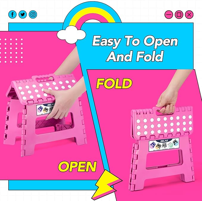 Delxo Folding Step Stool 9 inch Non-Slip Foldable Stools Up to 300 LBS Kids Step Stool with Handle Lightweight for Kitchen, Bathroom, Bedroom, Garden, Rose Pink, 1PC - Image 4