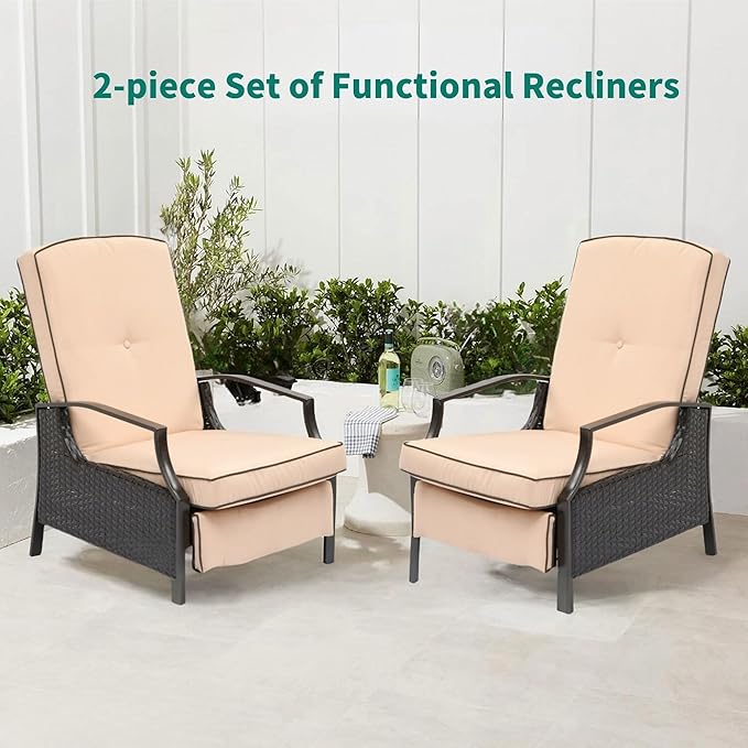 YITAHOME Outdoor Recliner Chair, 2-Piece Patio Adjustable Wicker Reclining Lounge Chairs, Dual-use Rattan Furniture Set with Soft Thick Cushions, Extended Footrest, Flip Back, Brown & Beige - Image 4
