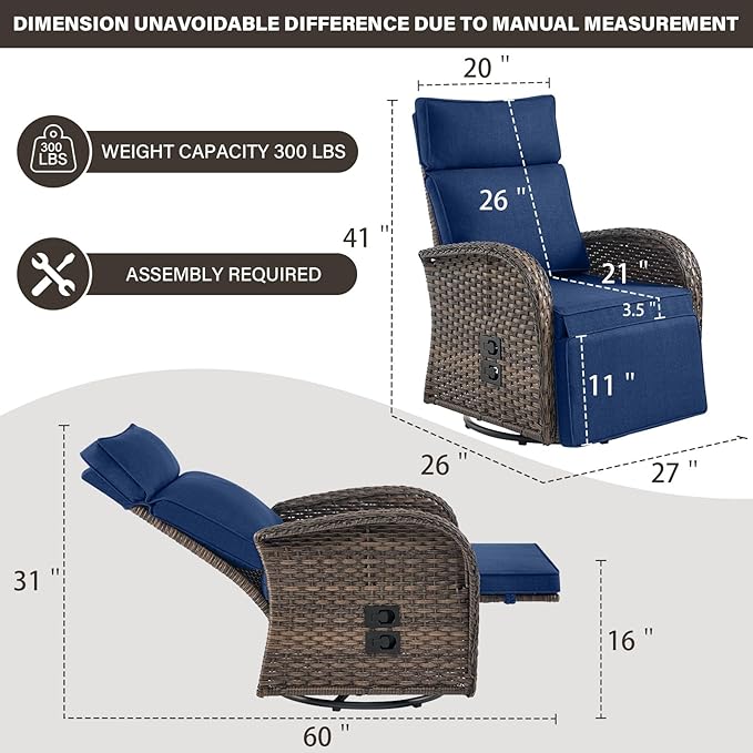 Belord Swivel Outdoor Recliner Chair Set of 2 - Reclining Patio Chair with Adjustable Backrest and Footrest, All-Weather Wicker Chaise Lounge Chair Outdoor for Pool Deck Brown (Upgraded 2.0) - Image 3