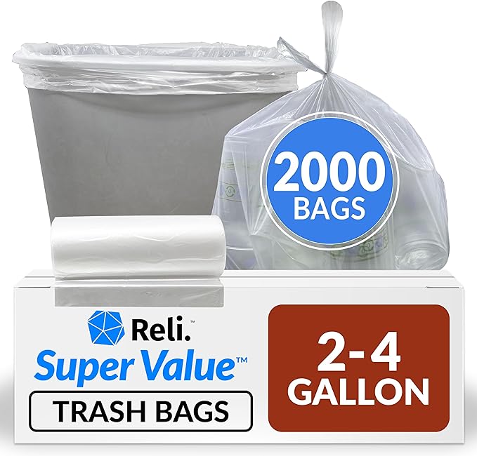 Reli. 2-4 Gallon Trash Bags | 2000 Bags | Clear | Bathroom | Strong | Garbage by Reli