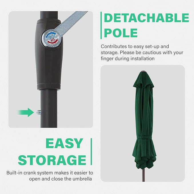 JEAREY 7.5FT Patio Umbrella Outdoor Market Umbrella with 6 Sturdy Ribs, Push Button Tilt/Crank Table Umbrella for Garden, Deck, Backyard and Pool, Dark Green - Image 9