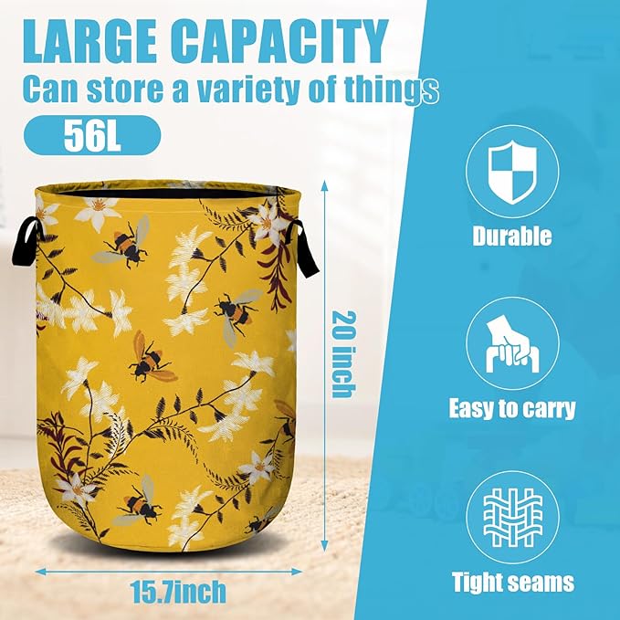 Bee Flower Laundry Basket, Spring Floral Laundry Hamper Collapsible Oxford Cloth - Image 2