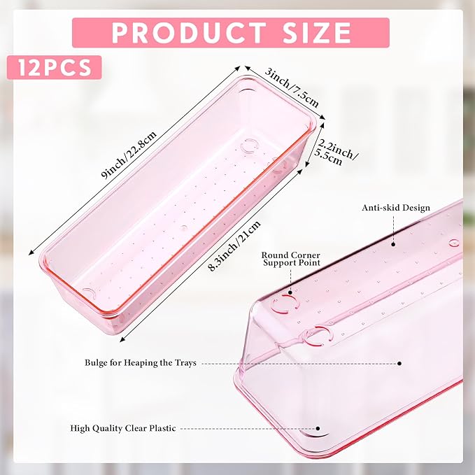 Maitys 12 Pcs Clear Drawer Organizer 9 x 3 x 2 Inches Plastic Rectangle Trays - Image 2
