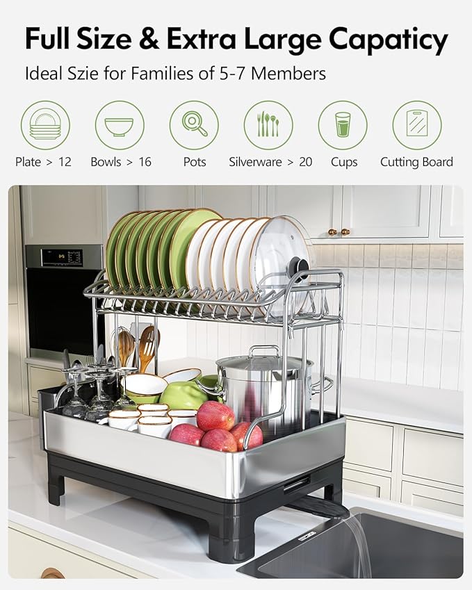 Extra Large Two Tier Stainless Steel Dish Drainer Drying Rack - Image 6