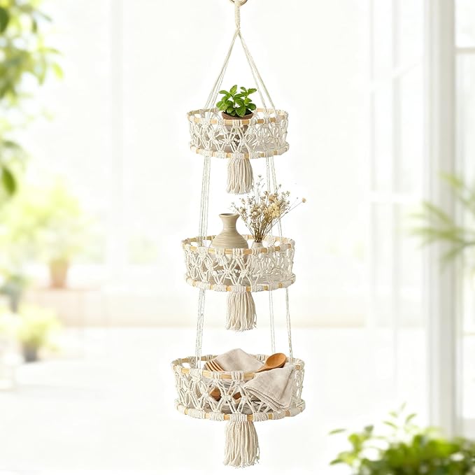 3 Tier Hanging Fruit Basket, Macrame Hanging Basket - Image 4