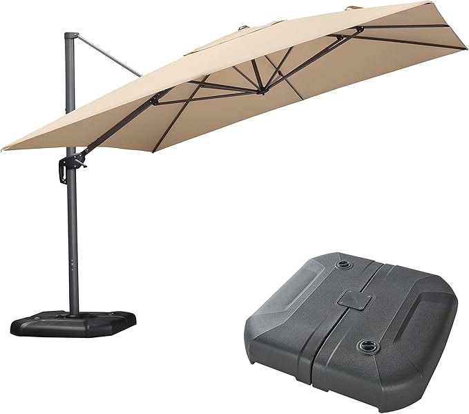 PURPLE LEAF 11.5' X 11.5' Telescopic Patio Umbrella with Base Included Lifting Cantilever Offset Square Large Umbrella for Pool Outdoor Patio Deck Garden Beige by PURPLELEAF