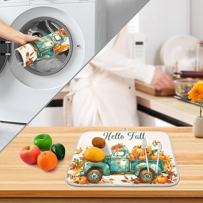 Vintage Fall Truck with Pumpkins Autumn Leaves Dish Drying Mat - Image 4
