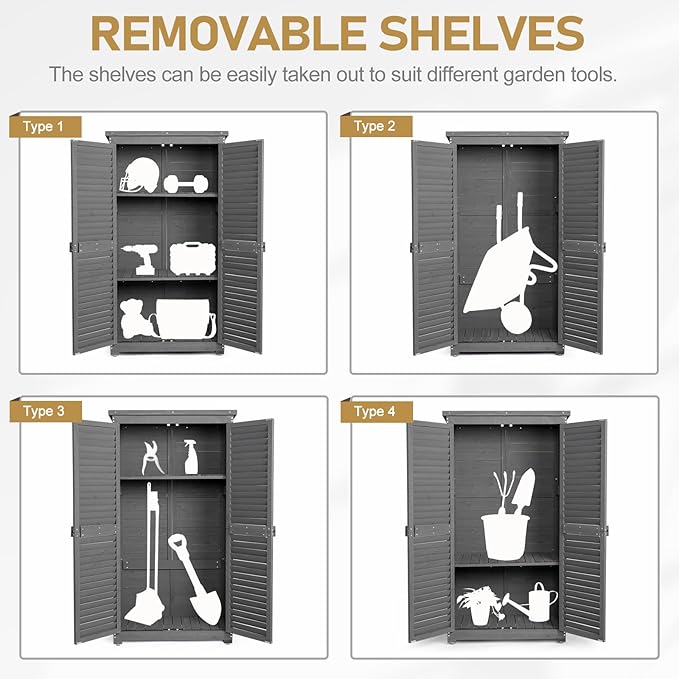 Outvita Outdoor Storage Cabinet, 63in Wooden Garden Tools Shed with 2 Lockable Doors, 3 Adjustable Shelves, Waterproof Roof for Yard Garge Patio Deck Porch（Grey） - Image 4