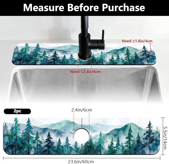 2 Pcs Kitchen Sink Splash Guard Faucet Mats Watercolor Forest Pattern Faucet Mat - Image 2