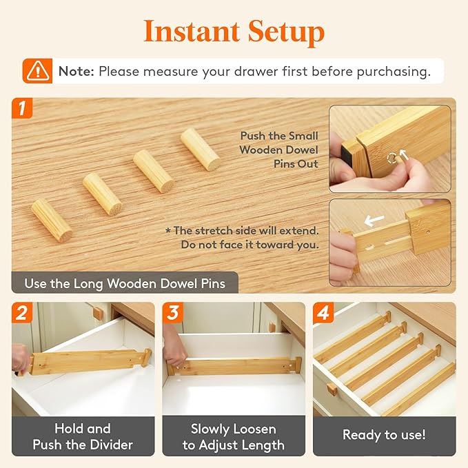 Lifewit 2.4" High 6 Pack Bamboo Drawer Dividers 45-55cm/17.5-22" Adjustable - Image 4
