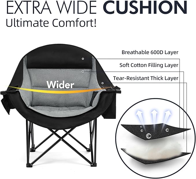 Oversized Camping Chair for Adults - Heavy Duty Outdoor Padded Large Lawn Camp Chair with Cup Holder Cooler Pockets for Sports Beach Fishing Garden Portable Supports 500lbs, Black/Grey 2 Pack - Image 3