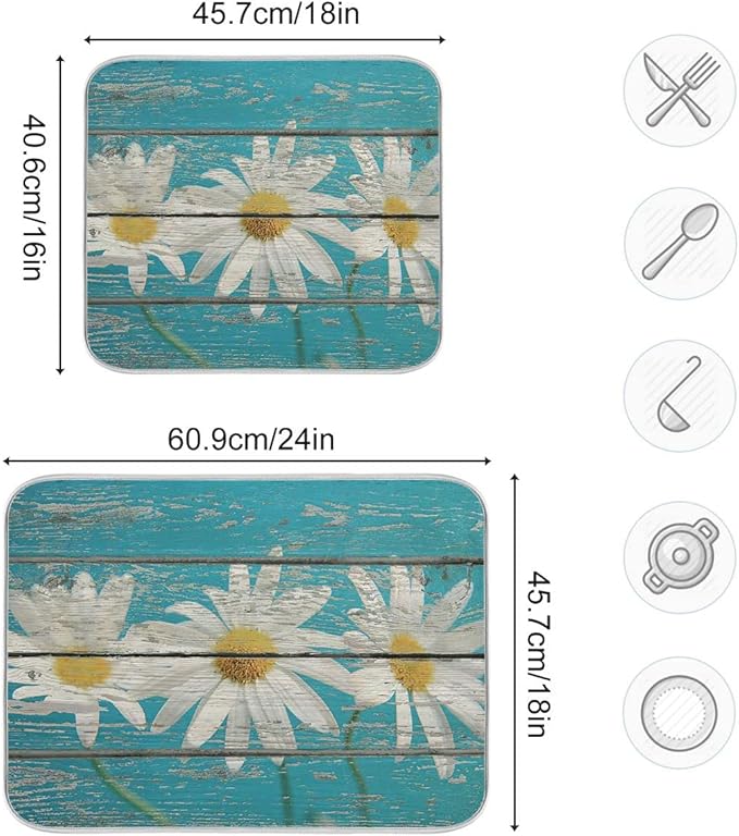 Daisy On Old Wooden Board Dish Drying Mat - Image 4