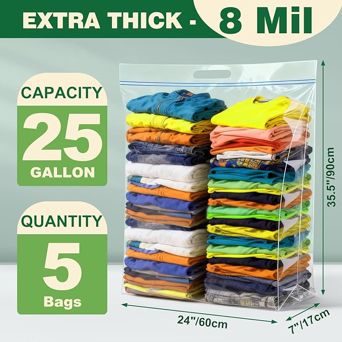 5 PACK 25 Gallon Extra Large Storage Bags, 35.5"x 24"x 7" Resealable Clear - Image 2