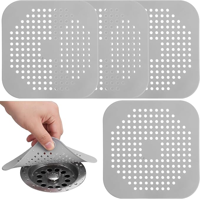 TIESOME 4 Pack Silicone Shower Drain Cover, Square Drain Hair Catcher, Flat by TIESOME