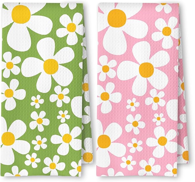 70s Retro White Daisy Floral Kitchen Towels Set of 2, Floral Aesthetic by Unknown