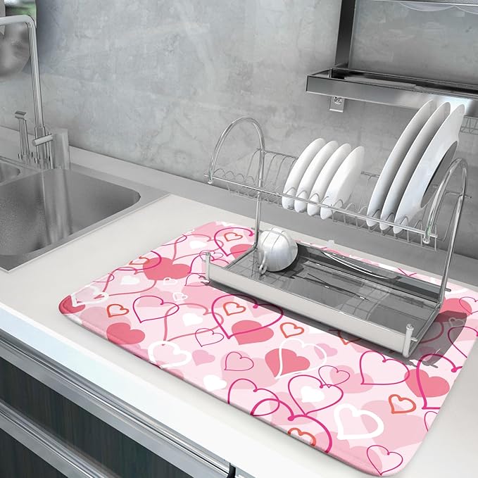 Valentines Day Dish Drying Mat for Kitchen Pink Hearts Absorbent Reversible - Image 5