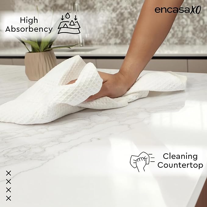Encasa XO Kitchen Dish Towels Set | White | Waffle Weave and Flat Hand Tea - Image 3