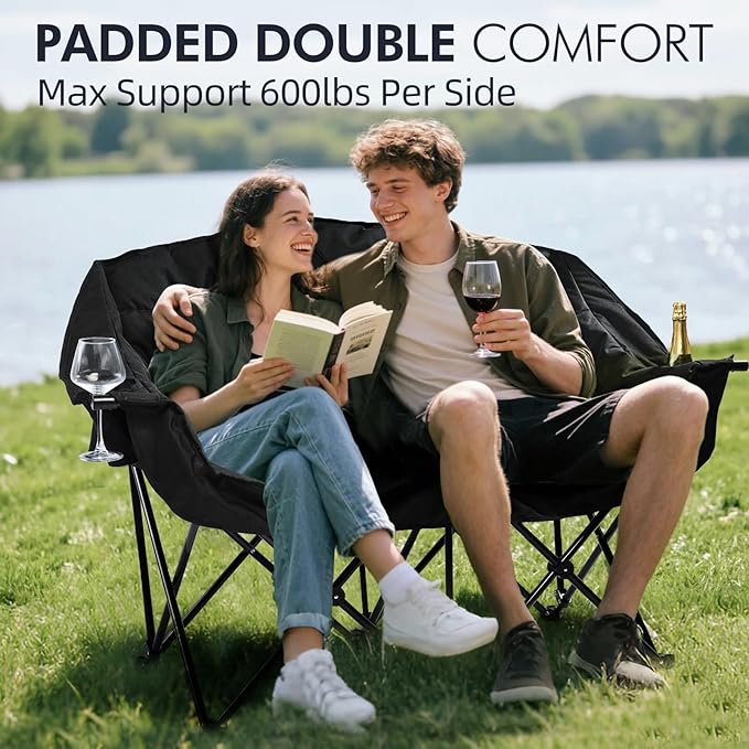 Double Camping Chair Padded Loveseat Chair for 2 Person - Heavy Duty Oversized Camping Couch for Adults Outdoor Sports Lawn Beach Portable Folding XL Chairs with Cup Holders and Carry Bag, All Black - Image 2