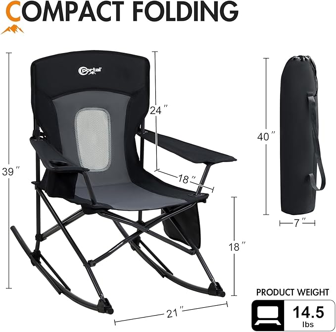 Portal Outdoor Rocking Chair Camping Folding Portable Rocker with Cup Holder Side Pocket Carry Bag, Support 350LBS (Mesh Black) - Image 2
