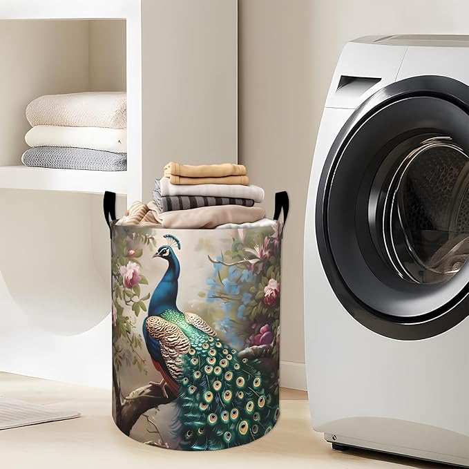 Majestic Peacock Among Blossoming Flowers Laundry Basket - Image 2