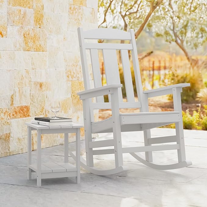 LUE BONA Outdoor Rocking Chairs Set of 2, Weather Resistant HDPS Poly Rocker Chairs, 350lb Heavy Duty, Oversized Porch Rocker for Adult, High Back Smooth Rocking Chair for Outdoor & Indoor, White - Image 6
