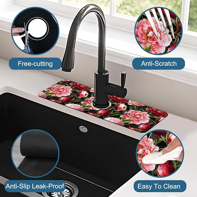 Blooming Peony Kitchen Sink Splash Guard Faucet Mat Pink Peony Flowers Super - Image 4
