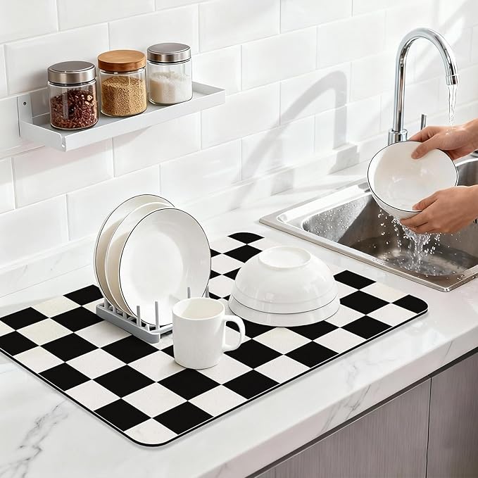 Checkered Dish Drying Mat for Kitchen Counter Coffee Mat Bar Accessories - Image 4