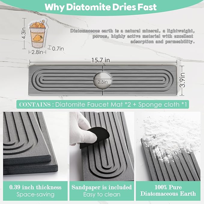 15.7'' Long Stone Faucet Mat for Kitchen Sink-Diatomite Quick Dry Kitchen Sink - Image 5