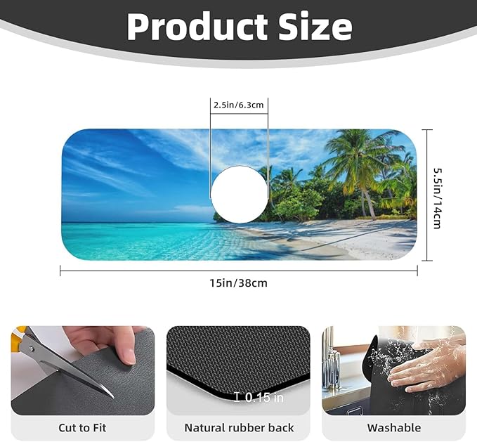 Beach Tropical Palm Tree Waves Travel Island Kitchen Sink Splash Guard Faucet - Image 2