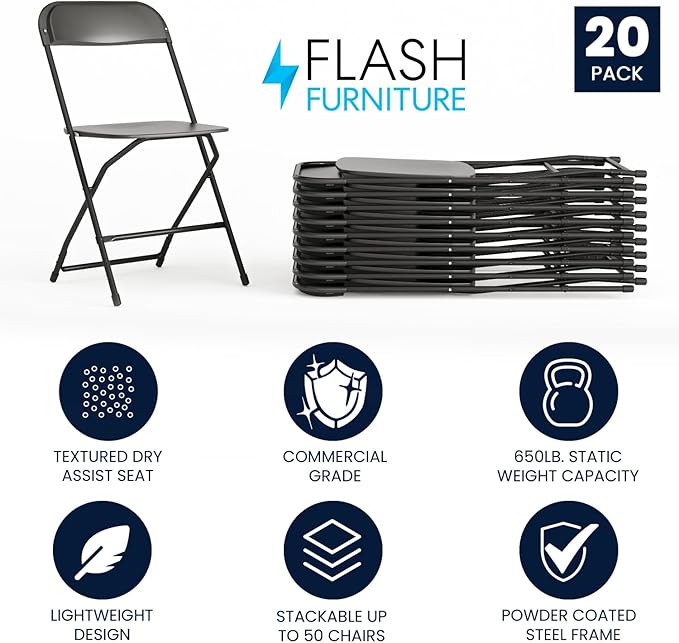 Flash Furniture Hercules Series Plastic Folding Chair - Black - 20 Pack 650LB Weight Capacity Comfortable Event Chair-Lightweight Folding Chair - Image 3