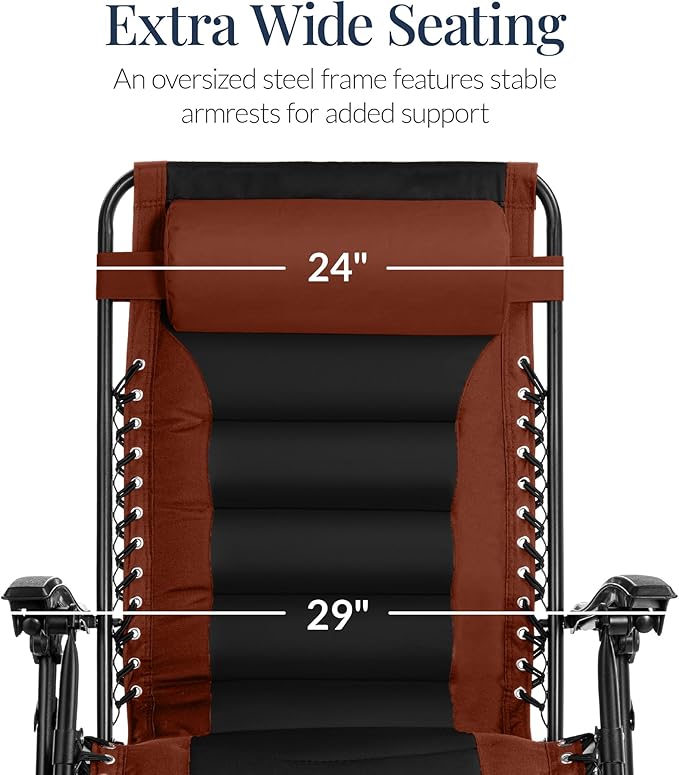 Best Choice Products Oversized Padded Zero Gravity Chair, Folding Outdoor Patio Recliner, XL Anti Gravity Lounger for Backyard w/Headrest, Cup Holder, Side Tray, Polyester Mesh - Rust/Black - Image 4